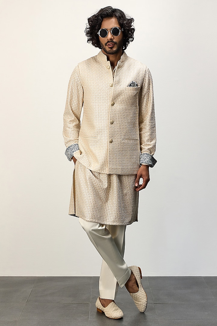 Champagne Chanderi Silk Nehru Jacket Set by ARJAN DUGAL