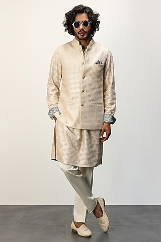 Champagne Chanderi Silk Nehru Jacket Set by ARJAN DUGAL
