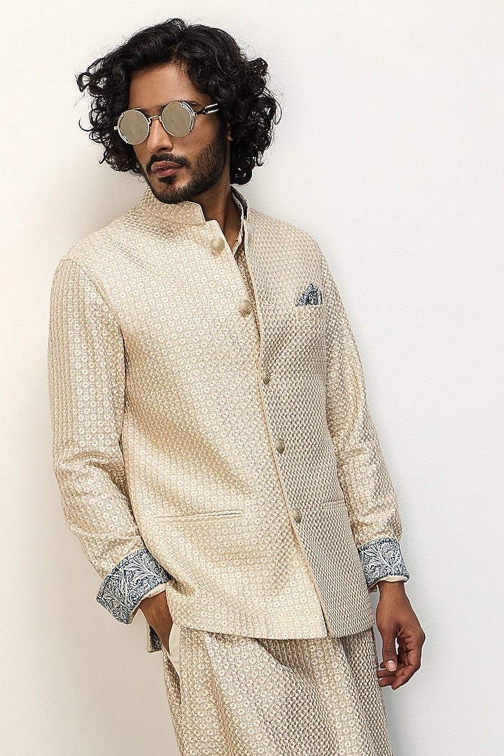 Champagne Chanderi Silk Nehru Jacket Set by ARJAN DUGAL at Pernia's Pop Up Shop