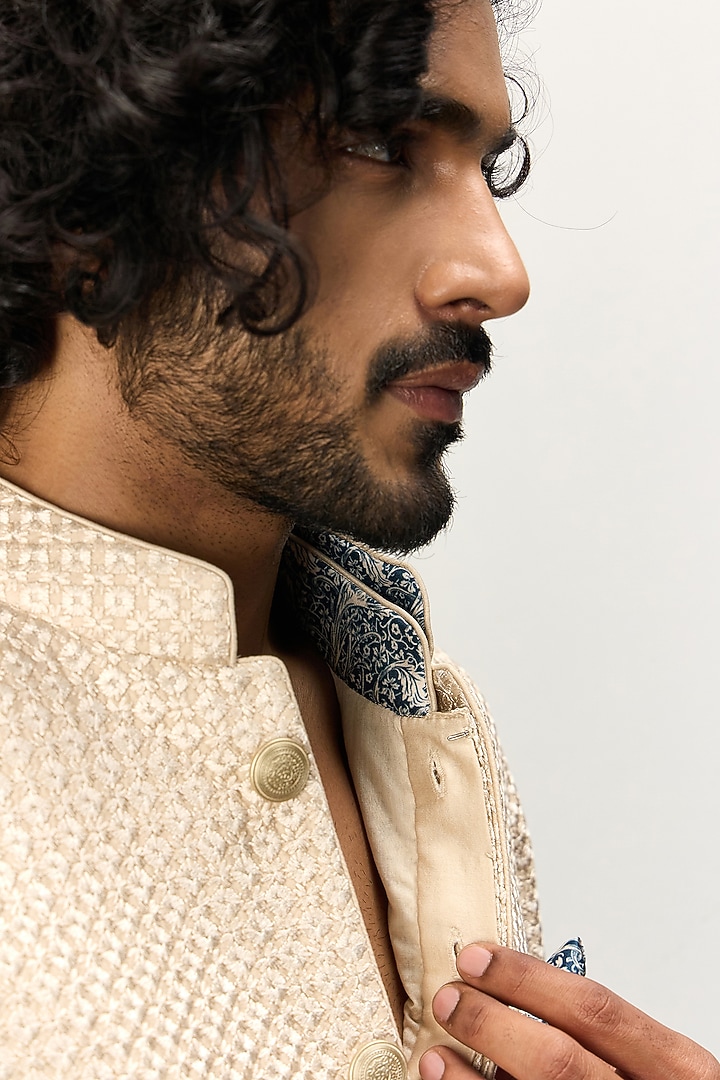 Champagne Chanderi Silk Nehru Jacket Set by ARJAN DUGAL at Pernia's Pop Up Shop