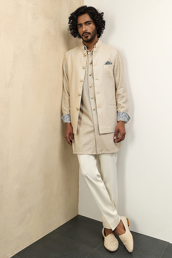 Champagne Chanderi Silk Nehru Jacket by ARJAN DUGAL at Pernia's Pop Up Shop