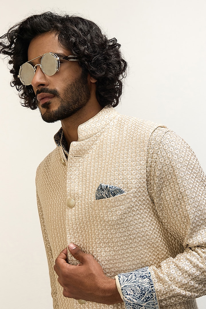 Champagne Chanderi Silk Nehru Jacket by ARJAN DUGAL at Pernia's Pop Up Shop