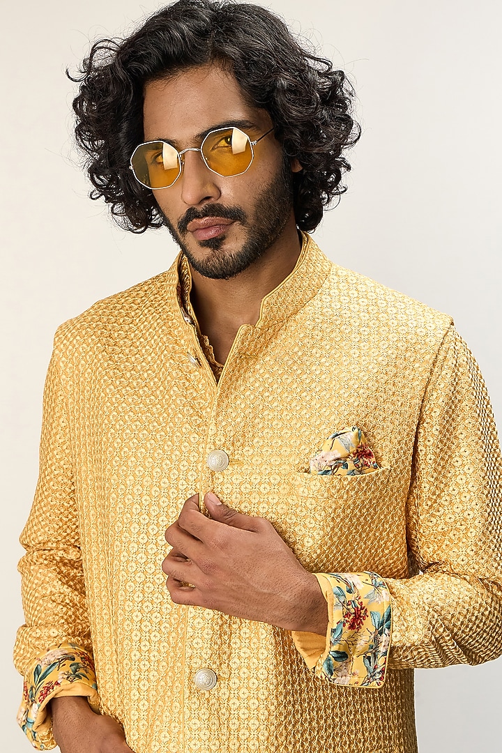 Golden Chanderi Silk Nehru Jacket Set by ARJAN DUGAL at Pernia's Pop Up Shop
