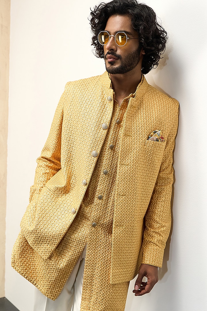 Golden Chanderi Silk Nehru Jacket Set by ARJAN DUGAL at Pernia's Pop Up Shop
