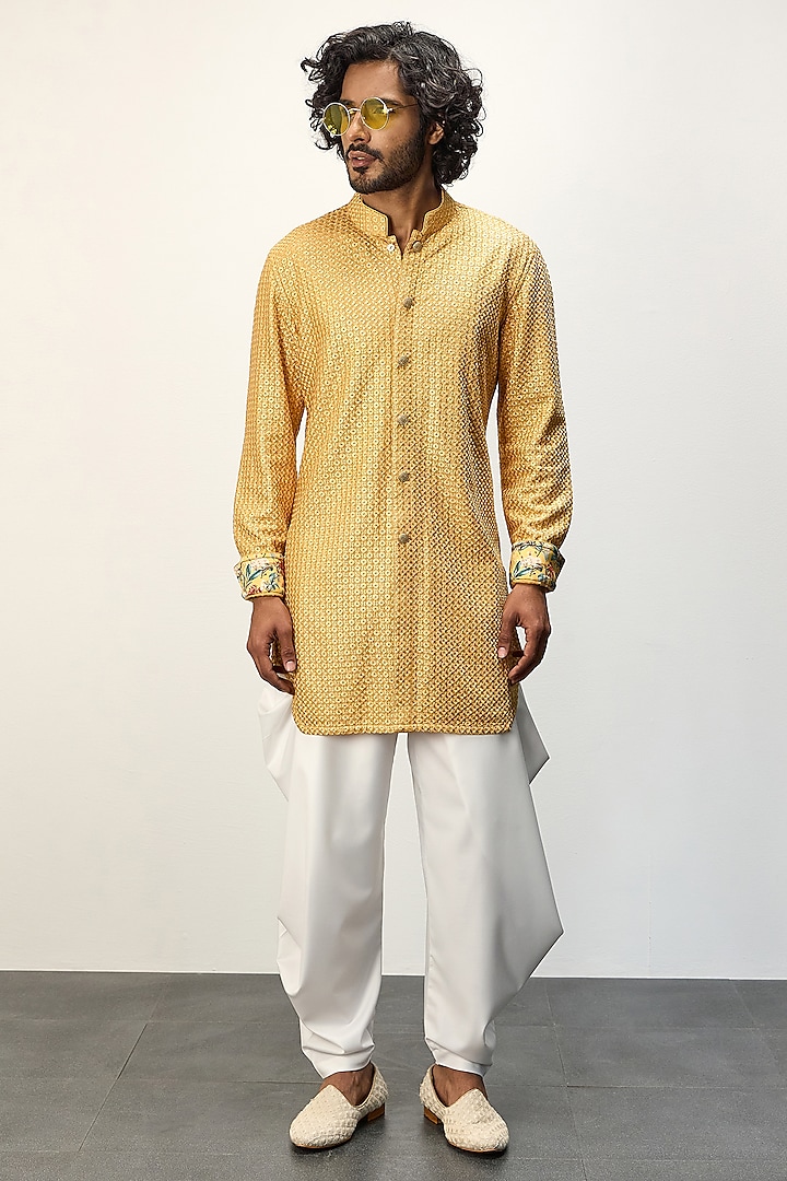 Golden Chanderi Silk Kurta Set by ARJAN DUGAL