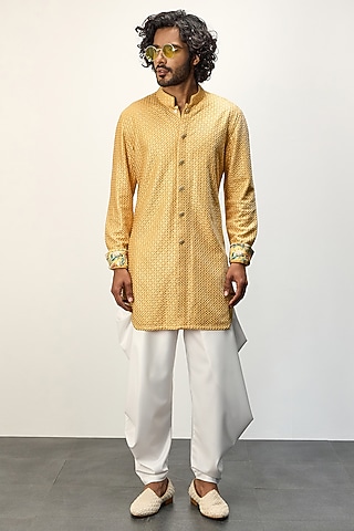 Golden Chanderi Silk Kurta Set by ARJAN DUGAL