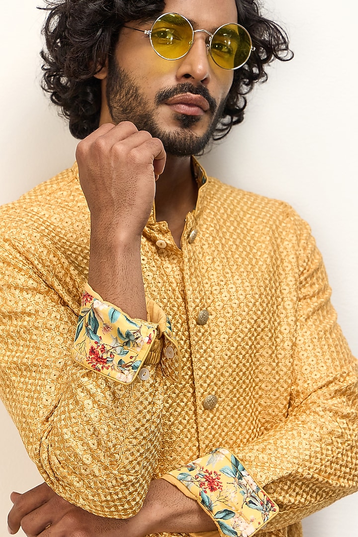 Golden Chanderi Silk Kurta Set by ARJAN DUGAL at Pernia's Pop Up Shop
