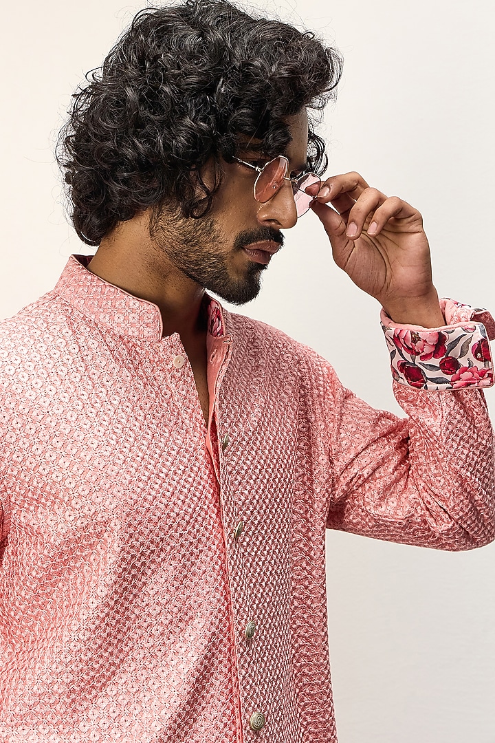 Pink Chanderi Silk Kurta Set by ARJAN DUGAL at Pernia's Pop Up Shop