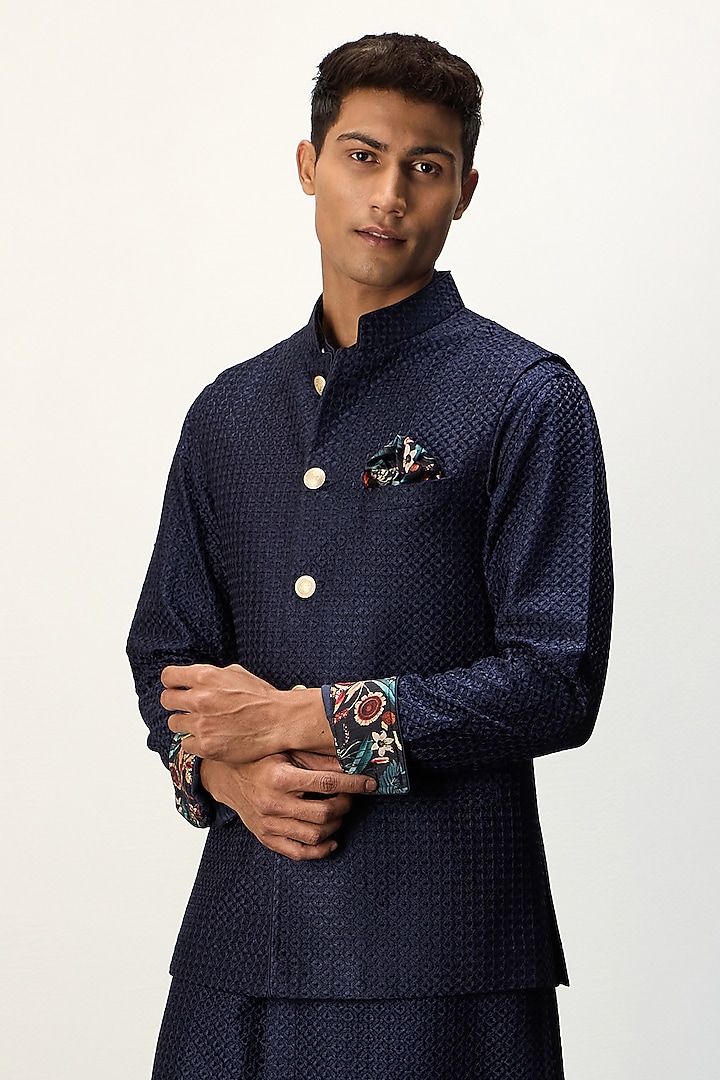 Navy Blue Chanderi Silk Nehru Jacket Set by ARJAN DUGAL at Pernia's Pop Up Shop