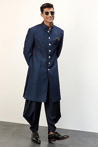 Navy Blue Chanderi Silk Achkan Set by ARJAN DUGAL