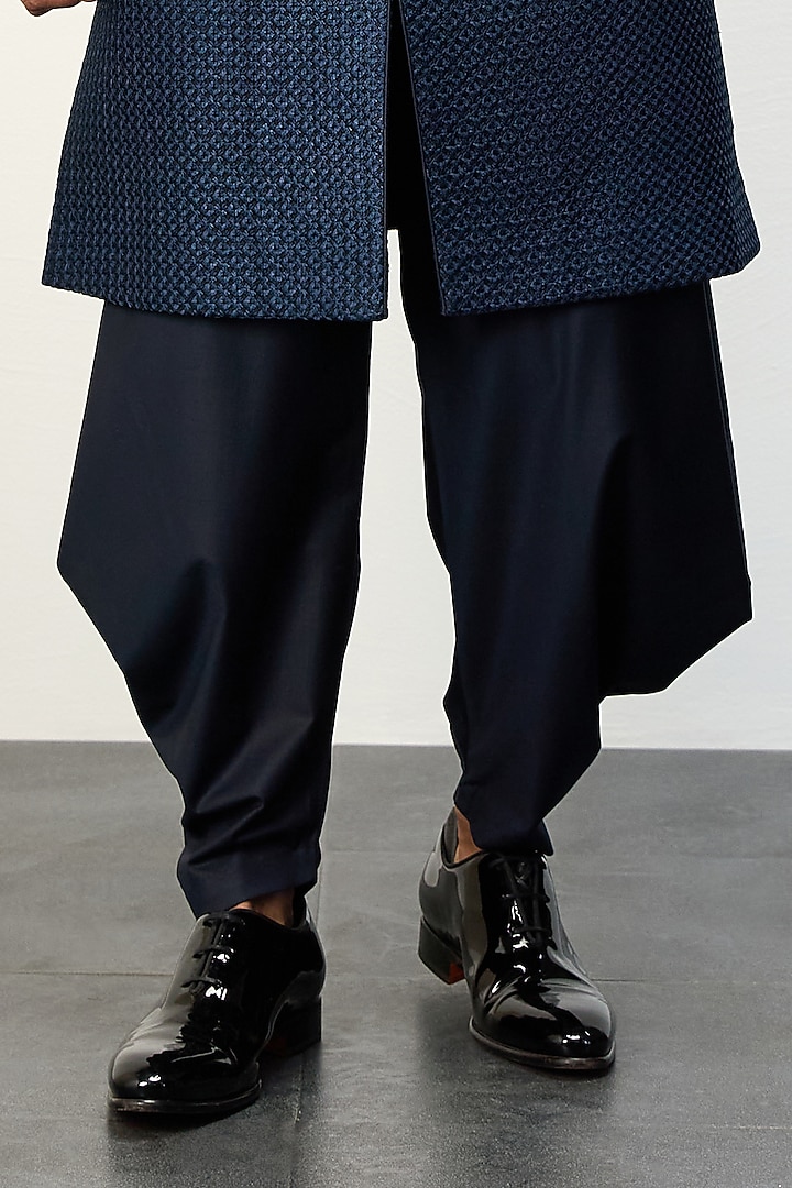 Navy Blue Chanderi Silk Achkan Set by ARJAN DUGAL at Pernia's Pop Up Shop