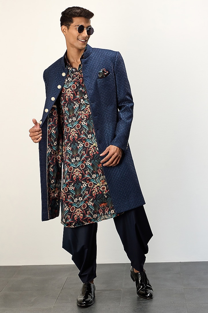 Navy Blue Chanderi Silk Achkan Set by ARJAN DUGAL at Pernia's Pop Up Shop