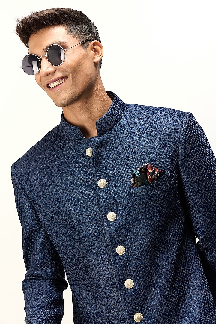 Navy Blue Chanderi Silk Achkan Set by ARJAN DUGAL at Pernia's Pop Up Shop
