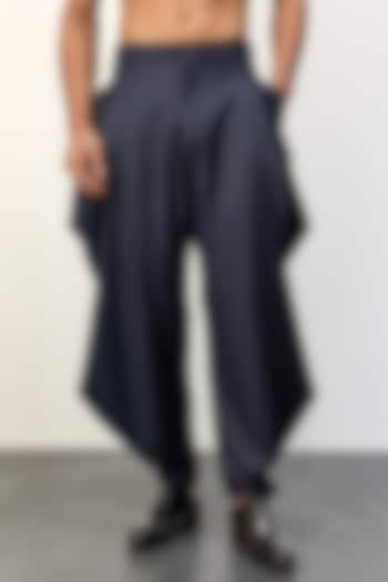 Navy Blue Polyester & Rayon Dhoti Pants by ARJAN DUGAL