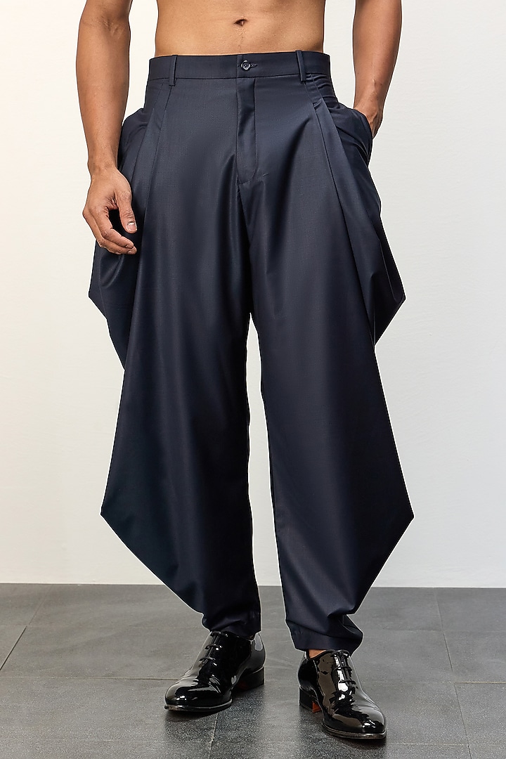 Navy Blue Polyester & Rayon Dhoti Pants by ARJAN DUGAL