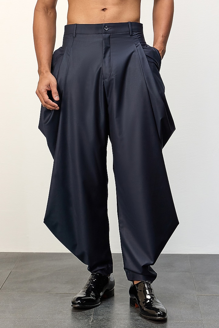 Navy Blue Polyester & Rayon Dhoti Pants by ARJAN DUGAL at Pernia's Pop Up Shop