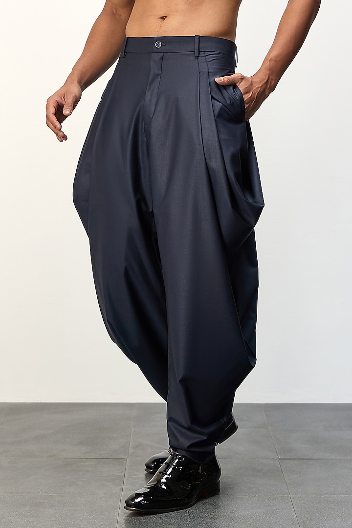 Navy Blue Polyester & Rayon Dhoti Pants by ARJAN DUGAL at Pernia's Pop Up Shop