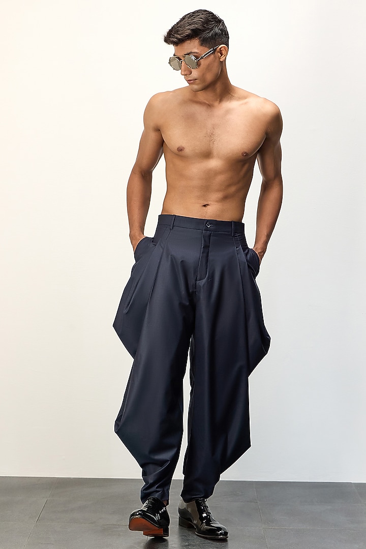 Navy Blue Polyester & Rayon Dhoti Pants by ARJAN DUGAL at Pernia's Pop Up Shop