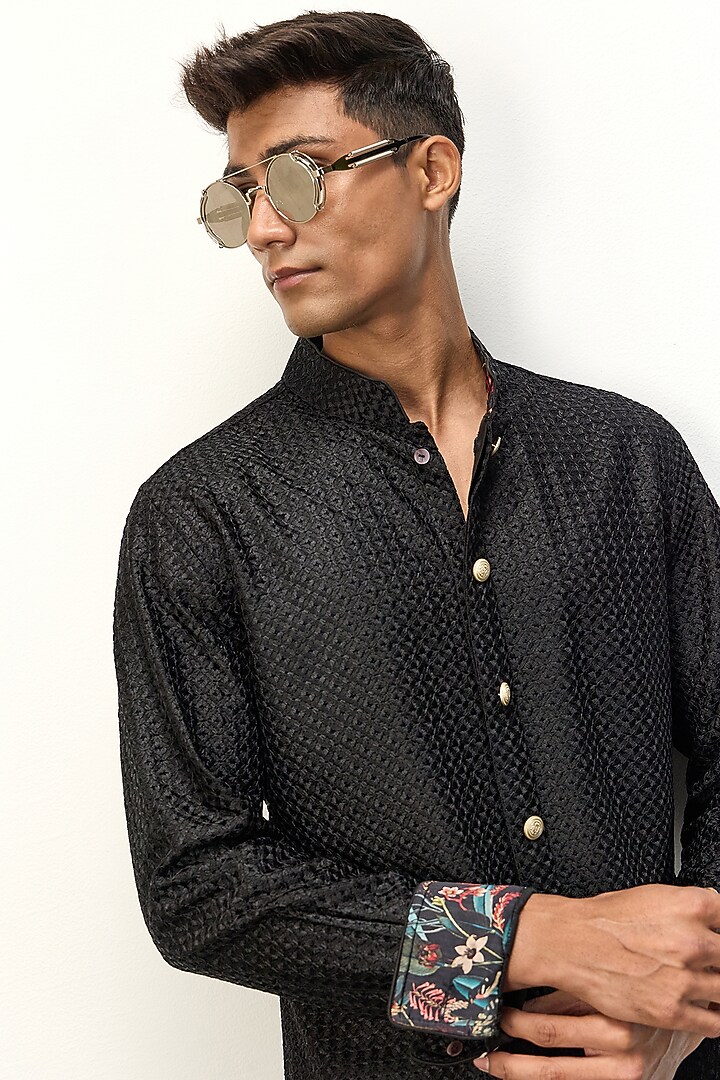 Black Chanderi Silk Kurta Set by ARJAN DUGAL at Pernia's Pop Up Shop