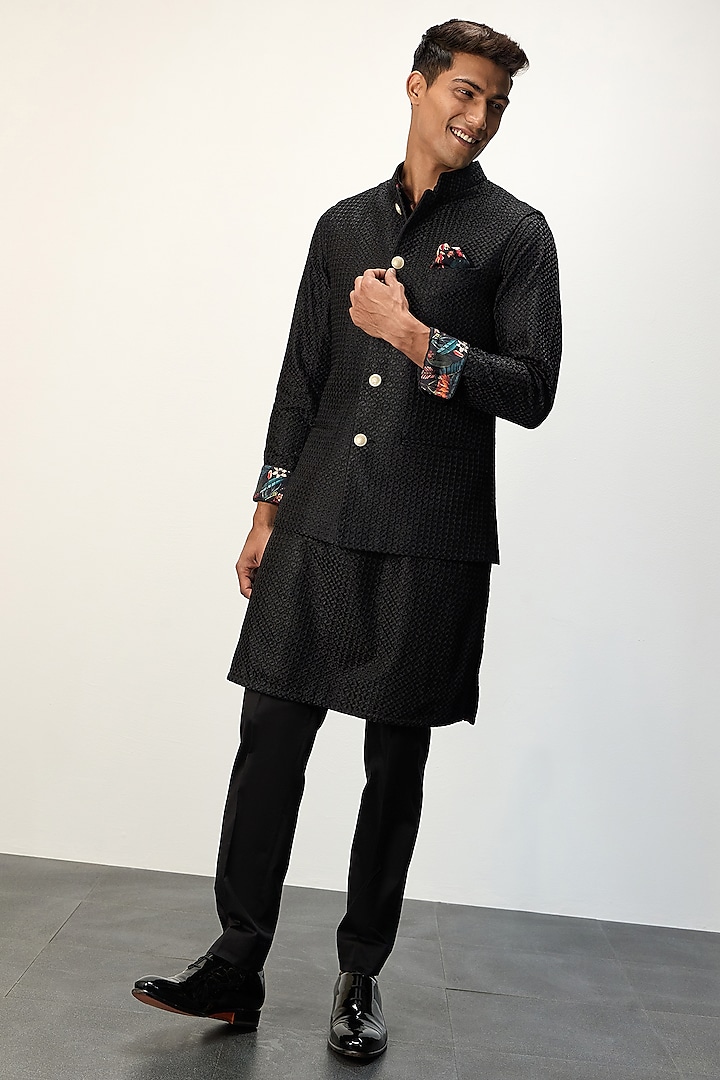 Black Chanderi Silk Nehru Jacket Set by ARJAN DUGAL