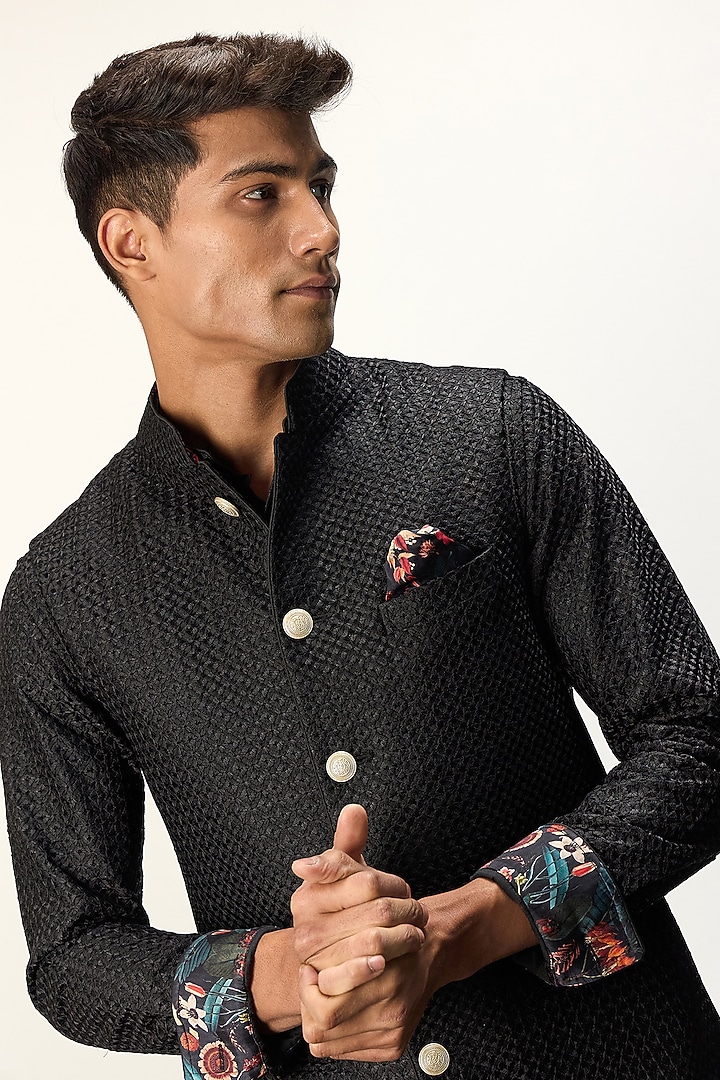 Black Chanderi Silk Nehru Jacket Set by ARJAN DUGAL at Pernia's Pop Up Shop