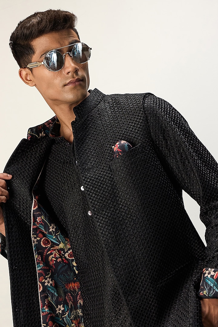 Black Chanderi Silk Nehru Jacket Set by ARJAN DUGAL at Pernia's Pop Up Shop