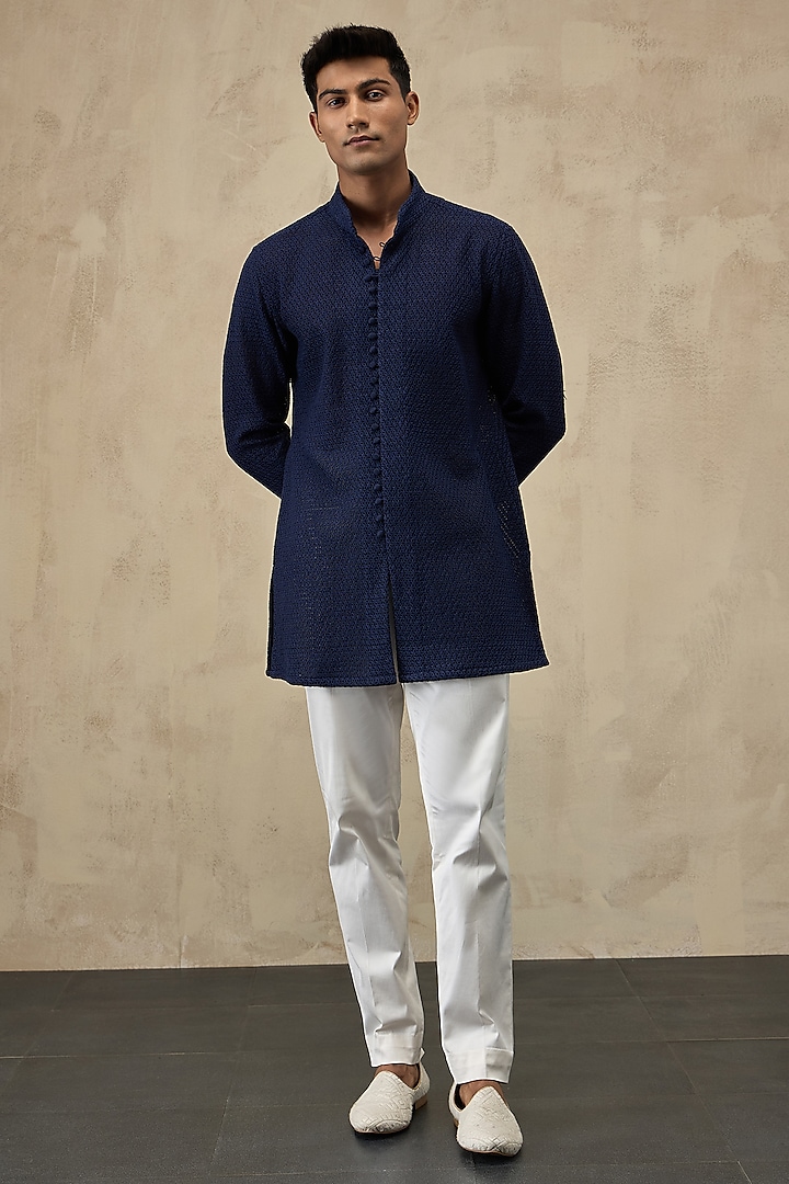 Blue Organza & Viscose Embroidered Straight Kurta Set by ARJAN DUGAL