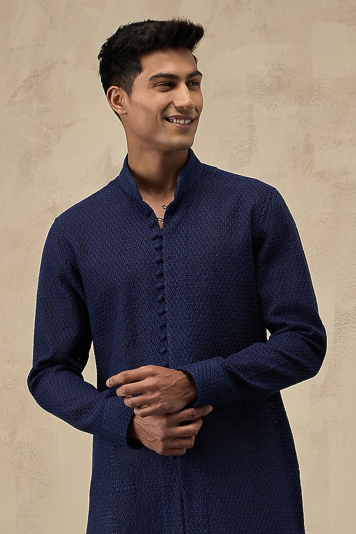 Blue Organza & Viscose Embroidered Straight Kurta Set by ARJAN DUGAL at Pernia's Pop Up Shop