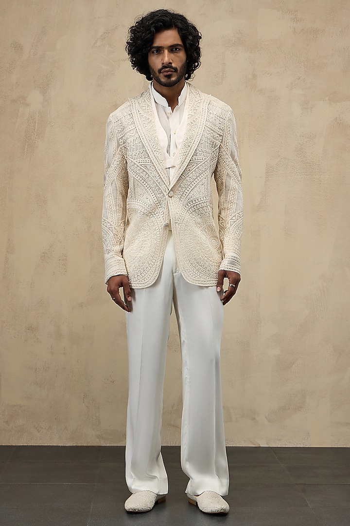 Off-White Organza & Viscose Embroidered Blazer Set by ARJAN DUGAL
