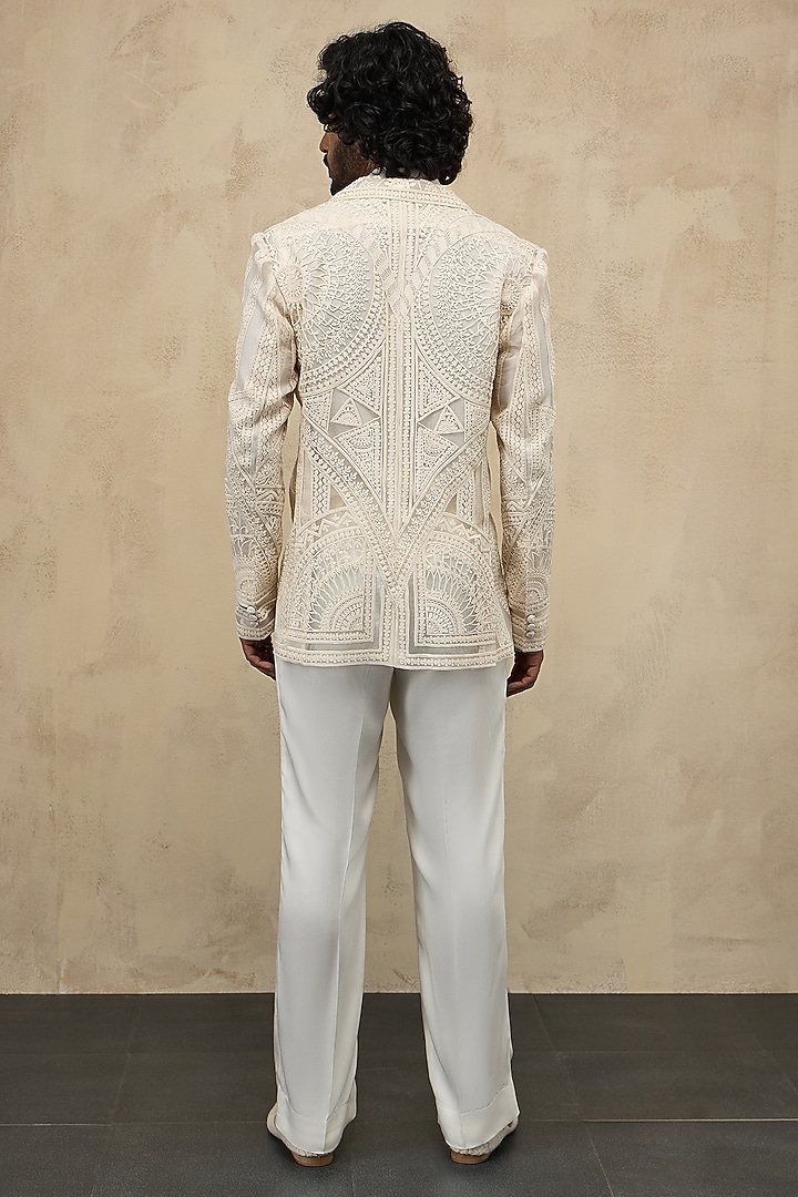Off-White Organza & Viscose Embroidered Blazer Set by ARJAN DUGAL at Pernia's Pop Up Shop