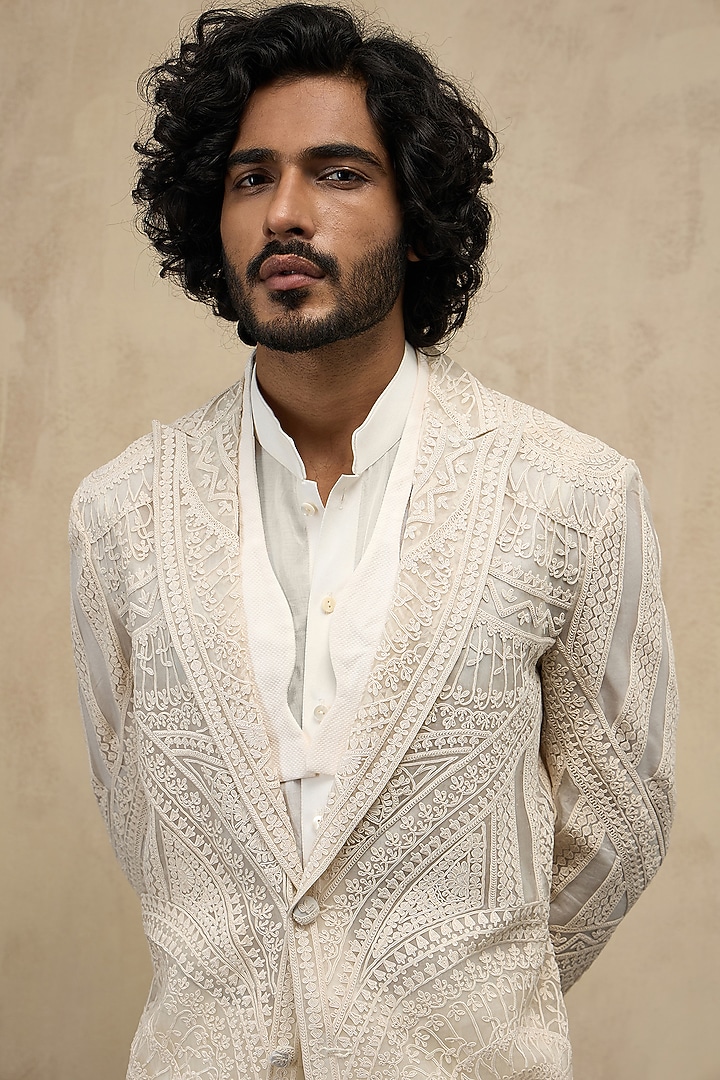 Off-White Organza & Viscose Embroidered Blazer Set by ARJAN DUGAL at Pernia's Pop Up Shop