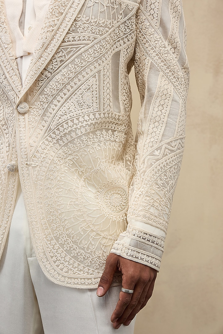 Off-White Organza & Viscose Embroidered Blazer Set by ARJAN DUGAL at Pernia's Pop Up Shop