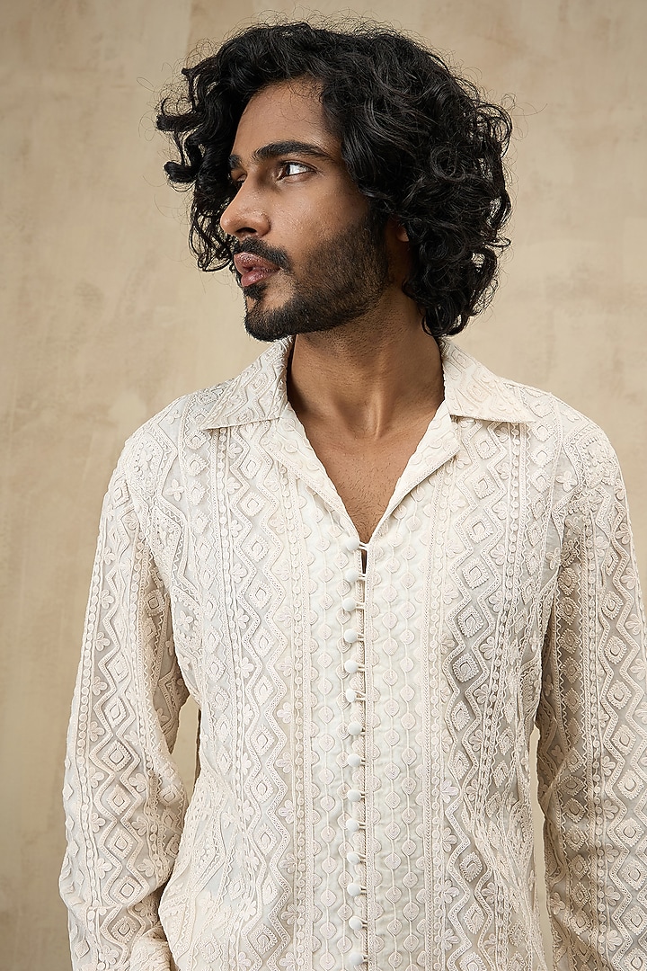 Off-White Organza & Viscose Embroidered Kurta Set by ARJAN DUGAL at Pernia's Pop Up Shop