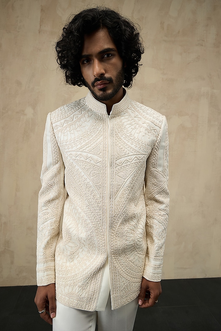 Ivory Organza Embroidered Groom Bandhgala Set by ARJAN DUGAL at Pernia's Pop Up Shop