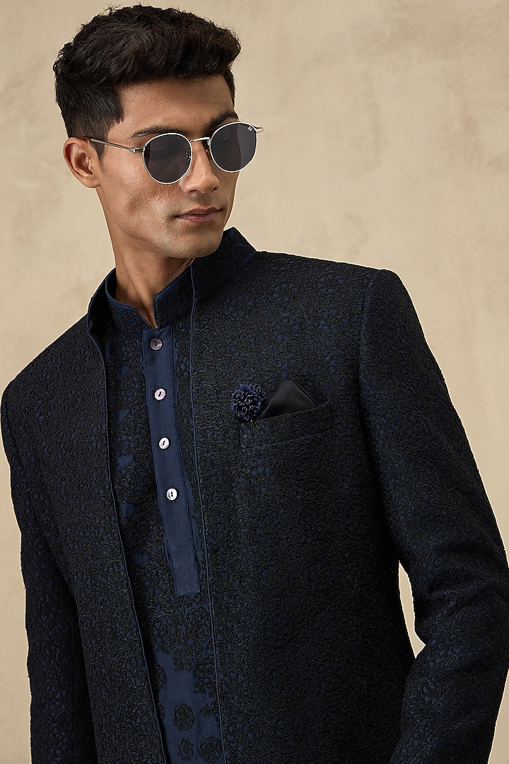 Blue Chanderi Silk Embroidered Achkan Set by ARJAN DUGAL at Pernia's Pop Up Shop
