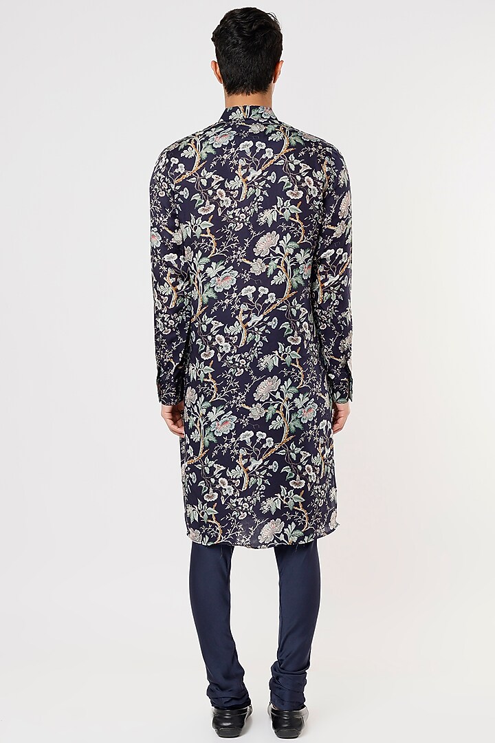 Navy Blue Midal Silk Satin Floral Digital Printed Kurta Set by ARJAN DUGAL at Pernia's Pop Up Shop