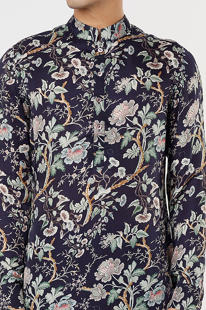 Navy Blue Midal Silk Satin Floral Digital Printed Kurta Set by ARJAN DUGAL at Pernia's Pop Up Shop