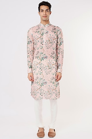 Pink Modal Silk Satin Floral Digital Printed Kurta Set by ARJAN DUGAL