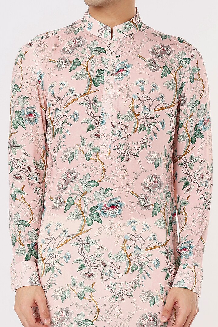 Pink Modal Silk Satin Floral Digital Printed Kurta Set by ARJAN DUGAL at Pernia's Pop Up Shop