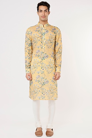 Mustard Modal Silk Satin Floral Digital Printed Kurta Set by ARJAN DUGAL