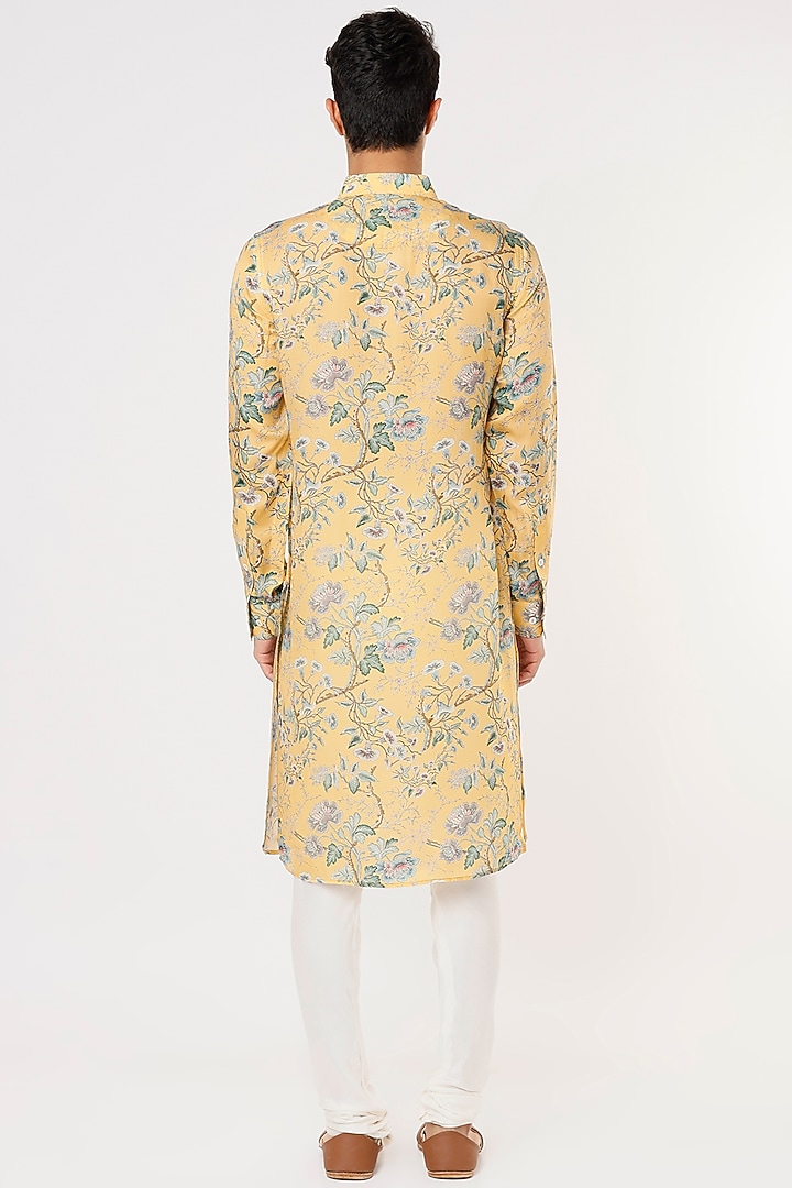 Mustard Modal Silk Satin Floral Digital Printed Kurta Set by ARJAN DUGAL at Pernia's Pop Up Shop