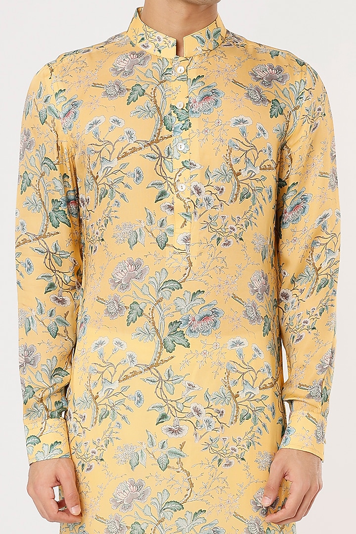 Mustard Modal Silk Satin Floral Digital Printed Kurta Set by ARJAN DUGAL at Pernia's Pop Up Shop