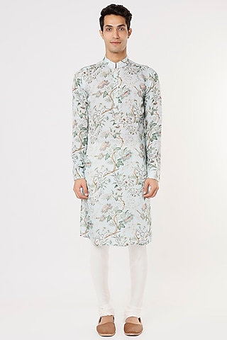 Sky Blue Modal Silk Satin Floral Digital Printed Kurta Set by ARJAN DUGAL