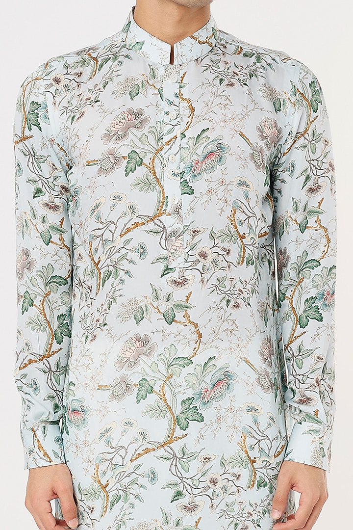 Sky Blue Modal Silk Satin Floral Digital Printed Kurta Set by ARJAN DUGAL at Pernia's Pop Up Shop
