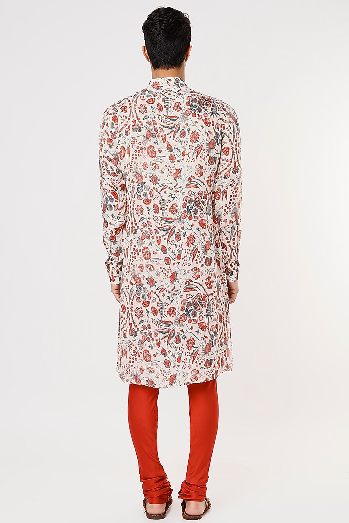 Off-White Modal Silk Satin Floral Digital Printed Kurta Set by ARJAN DUGAL at Pernia's Pop Up Shop