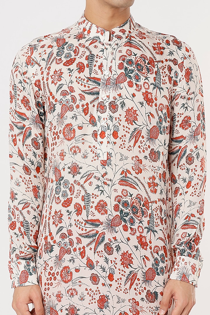 Off-White Modal Silk Satin Floral Digital Printed Kurta Set by ARJAN DUGAL at Pernia's Pop Up Shop
