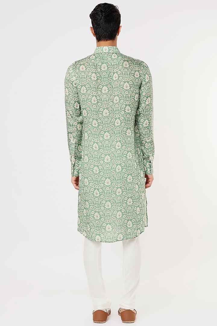 Algae Green Modal Silk Satin Digital Printed Kurta Set by ARJAN DUGAL at Pernia's Pop Up Shop