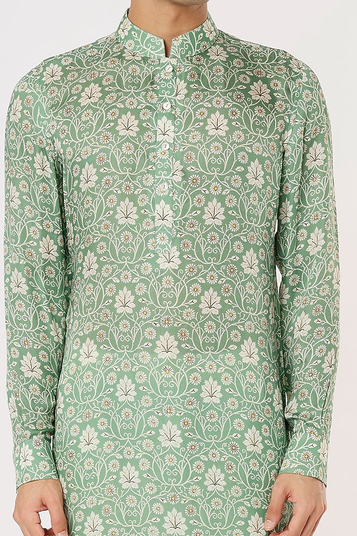 Algae Green Modal Silk Satin Digital Printed Kurta Set by ARJAN DUGAL at Pernia's Pop Up Shop