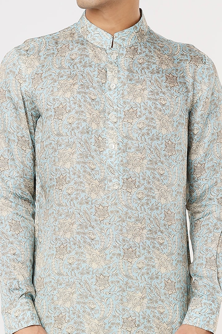 Powder Blue Modal Silk Satin Floral Digital Printed Kurta Set by ARJAN DUGAL at Pernia's Pop Up Shop