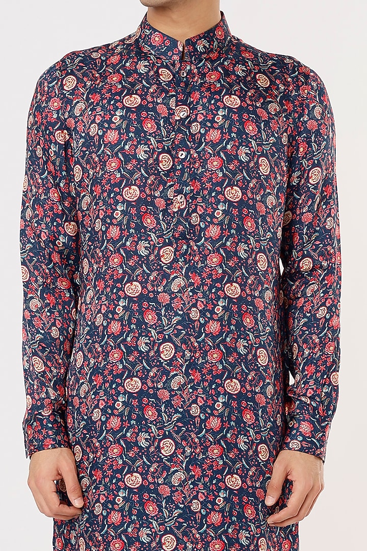 Blue Modal Silk Floral Digital Printed Kurta Set by ARJAN DUGAL at Pernia's Pop Up Shop